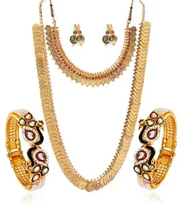 YouBella Jewellery Gold Plated Pearl Studded Wedding Bracelet Bangles Jewelry, Long Traditional Maharani Temple coin Necklace Set, Short Red Green Necklace And Earrings Jewellery for Women and Girls
