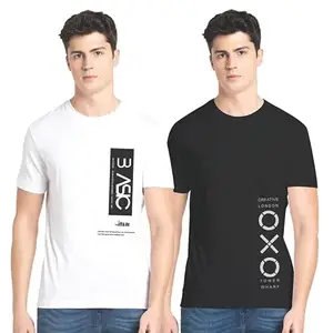 STATUS MANTRA Combo Cotton Tshirts for Men Pack of 2 | Round Neck OXO and Basic Printed Casuals White - Black X-Large
