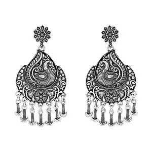 I Jewels Navratri Ethnic Silver Oxidised Afghani Floral & Peacock Design Drop Earrings For Women & Girls (E3137OX)
