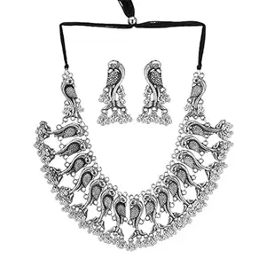 MUKART Women's Oxidised Silver Brass Afghani Necklace Choker Jewellery Set for Women (Style1)