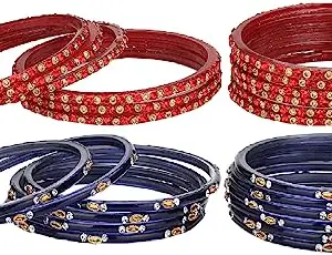 Somil Combo Of Party & Wedding Colorful Glass Bangle/Kada, Pack Of 24, Red,Blue