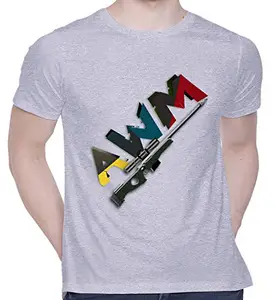 CreativiT Graphic Printed T-Shirt for Unisex T-Shirt with AWM Sniper Text Pattern Tshirt | Casual Half Sleeve Round Neck T-Shirt | 100% Cotton | D00321-16_Grey_Medium