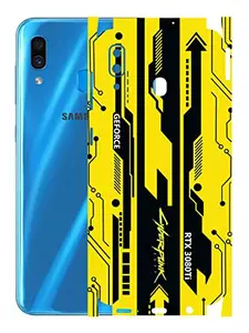 AtOdds - Samsung Galaxy A30 Mobile Back Skin Rear Screen Guard Protector Film Wrap with Camera Protector (Coverage - Back+Camera+Sides) (Yellow Cyberpunk)