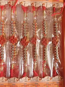 Decorative Rakhi Set with Crystal Beads and Red Pendant, Pack of 12, Gift Box Pack