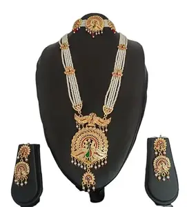 Rajasthan Enterprises Traditional Indian Pearl Beaded Necklace Set with Toned Pendant and Earrings Style_335