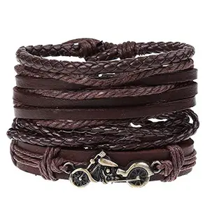 Jewelgenics Funky Multistrand Bike Charm Brown Leather Bracelet for Men and Boys (Set of 4)