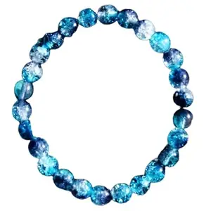 RRJEWELZ 8mm Natural Gemstone Aqua Crackle Glass Round shape Smooth cut beads 7.5 inch stretchable bracelet for men & women. | STBR_RR_02813