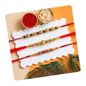 Poorak Religious Assorted Rakhi Set of 3 – Golden, Red & Pearl Design Rakhis with Roli Chawal