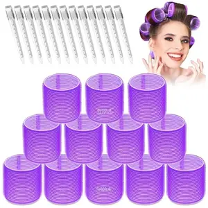 SIYAA Jumbo Rollers Hair Curlers 18 Pcs Set with 6 Pcs Jumbo Large Hair Rollers and 12 Pcs Hair Clips for Long Medium Hair Volume (Purple)
