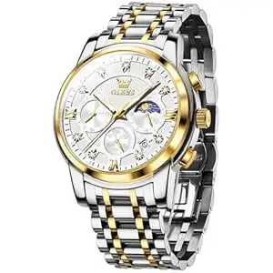 OLEVS Mens Watches Chronograph Diamond Quartz Date Calendar Moon Phase Luxury Two Tone Stainless Steel Waterproof Luminous Business Wrist Watch