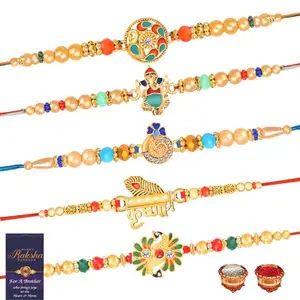 De Marquis Designer Rakhi Set Of 5 With Roli Chawal and Card for Rakshabandhan | Rakhee For Brother | Rakhee For Kids | Bhaiya Bhabhi Rakhi-set