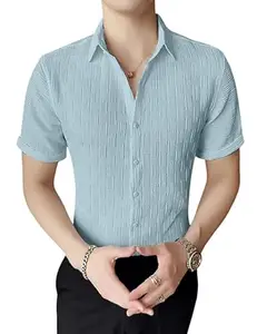 Men's Formal Button Down Shirt – Slim Fit Office Wear Shirt's for Men | Textured Long Sleeve Popcorn | Business & Meeting Ready Any Occasion (in, Alpha, XL, Regular, Men, Sky)