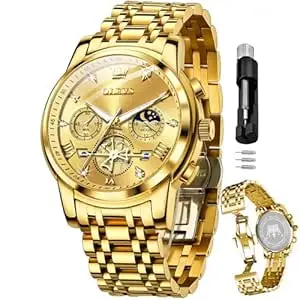 OLEVS Mens Chronograph Watch Gold Silver Stainless Steel Chain Quartz Wrist Watches Business Dress Waterproof Luminous Date Watch