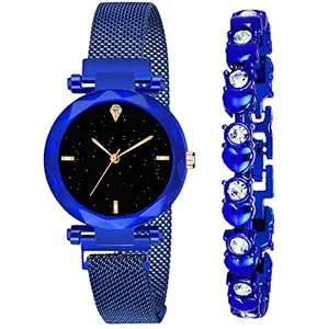 FROZIL Analog Black Dial Magnetic Watch with Heart Blue Bracelet for Girls & Women Watch for Girl or Women