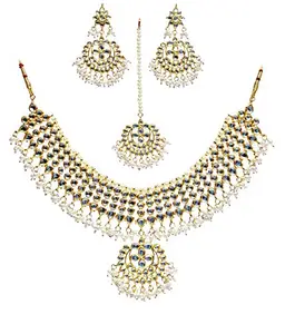 Lucky Jewellery Traditional White Color Gold Plated Kundan Necklace Set for Girl & Women (1725-QSK-9062-W)