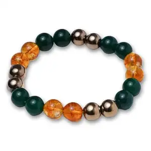 Beaded Bracelet, Green Agate, Orange Beads, Metallic Accents