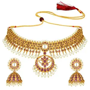 Peora Matte Gold Finish Red CZ Pearl Stylish Choker Necklace with Jhumki Earrings for Women Girls
