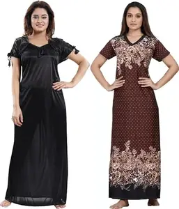 Women's Kaftan Nighty | Satin Blend Fabric | Printed Maxi Kaftan Nighty for Women| Short Sleeves Kaftan Multicolor Large 9090
