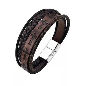 KRYSTALZ Hand-Woven Multilayer Charm Cross Design Leather Brown Bracelet For Men & Boys
