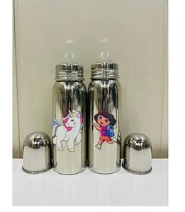 Duggu Kids Stainless Steel Feeding Bottle 304 Grade Steel with Anti Colic Silicone Nipples - 250 ml (Silver) /Ideal for Newborns and Toddlers /Dora and Unicorn Theme Baby Milk Feeding Bottle (Pack of 2)