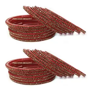 Precious Beauty Adorable Glass Bangles Works with Original Zirconia stones latest indian traditional kaanch chudi/bangles/Bracelet (Pack of 2 Box, 24 Bangles) (Gold Red, 2.40)