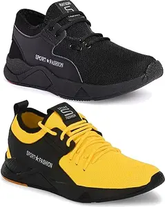 WORLD WEAR FOOTWEAR Soft, Comfortable and Breathable Canvas Lace-Ups Sports Running Shoes for Men (Yellow and Black, 7) (S8011)