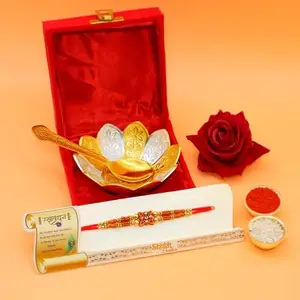 AC ANAND CRAFTS Premium Rakhi for Brother with Gift Silver and Gold Plated Floral Shape Bowl and Spoon Set with Red Velvet Box| Bhaiya Rakhi with Roli Chawal for Bro, Brother, Bhaiya, Bhai