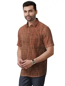 Men Khadii Cotton Half Sleeves Striped Spread Collar Neck Casaul Shirt