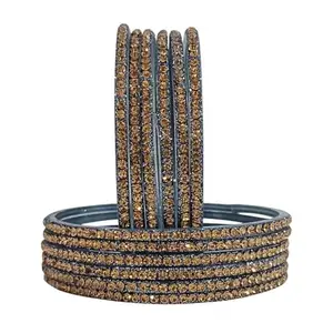 The Golden Cascade Women's Glass Bangles with Gold Beads Stone Studded Chudiyan (Grey, 2.4)