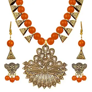 JFL - Jewellery for Less Women's Handcrafted Gold Peacock German Silver Oxidized Combo of 2 Earrings and Beaded Necklace Set with Adjustable Thread (Orange),Valentine