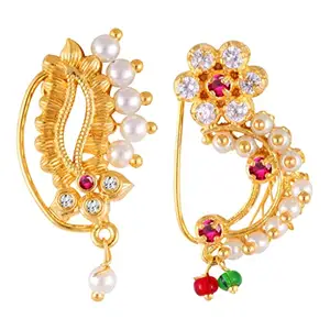 VIVASTRI FASHION JEWELLERY Vivastri Premium Gold Plated White Pearl,Moti Beaded Alloy Nath,Nathiya,Nosepin,Nosering,Guttapusalu For Women & Girls -VIVA1164Moti-1160NTH-Press-Red