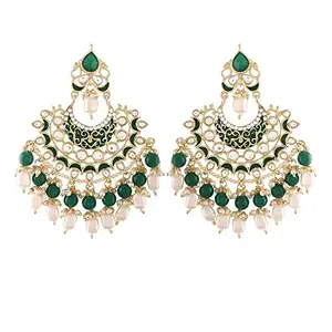Amazon Brand - Anarva  18K Gold Plated, Enamel Kundan Stones & Pearl Earrings For Women, Green