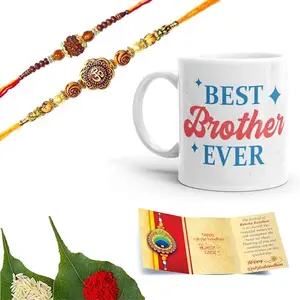 Chinove Om and Rudraksh Elegant Design Handmade Rakhi’s for Brother and Bhabhi Set of 2 with Wishing Card, Roli Chawal and Printed Ceramic Mug (SM03)