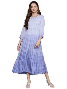 INDO ERA Women's Dyed Viscose Rayon Midi A-Line Dress (ED5BL7356_Large) Blue