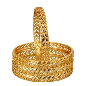 LUCKY JEWELLERY 18k One Gram Gold Plated Traditional Designer Bangles |Leaf Design Bangle Bracelets & Kada Set -2 Pair for Women & Girls | Elegant Wedding & Regular Wear-Pack of 4 (381-K1BG-2130-4-28)