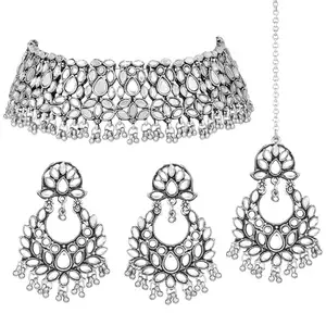Peora Silver Plated Kundan Studded Choker Necklace Dangle Earrings & Maangtikka Ethnic Jewellery Set for Women & Girls