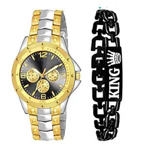 Goldenize fashion New Black Stainless Steel Dial and King Chain Bracelet Men and Boy's Combo Watches(Free Bracelet)