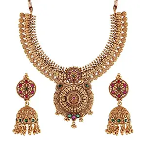 Amazon Brand - Anarva 18k Rajwadi Gold Plated Brass Temple Choker Necklace Jewellery Set for Women (MC073QG)