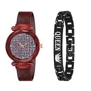 niyati Nx Black Pink Zari Dial Red Maganet Strap with Black Queen Bracelet for Girl & Women