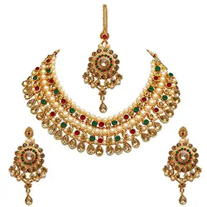 Lucky Jewellery Designer Maroon Green Color Gold Plated Pearl and Stone Necklace Set for Girls & Women (727-ISS-819-G-LCT-MG)