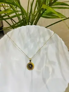 Trendy Latest Stylish Gold Plated Geometric Pendent for Women and Girls - Black Circular Alphabets - K