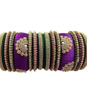 Ethnic Indian Silk Thread Bangles, Set of 16, Pink and Golden (Colure_Purple, 2.14)