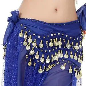 FDF Blue Belly dance Chiffon Hip Scarf Wrap Belt Tribal Coin Sash Gold Coins