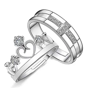 Moneekar Jewels 925 Sterling Silver Plated Prince And Princess Crown Couple Rings For Women & Men