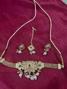 Gold Plated Jewelry Set for Women, Necklace, Earrings, Bracelet and Bangles, Indian Styling