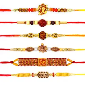 INDIAN ART AND CRAFTS Indian Perls Designer Rakhi 6 Pc Set for Brother White Moti With Cotton Thread Rakshabandhan Rakhi Bracelets for Bhaiya and bhabhi
