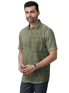 Men Khadii Cotton Half Sleeves Striped Spread Collar Neck Casaul Shirt