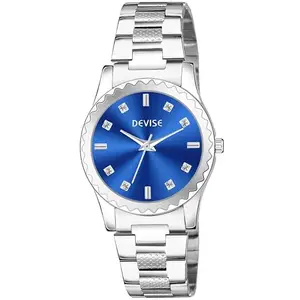 DEVISE Watches for Women Round Dial Analogue Quartz Day & Date Movemne Long Battery Life Stainless Steel Adjustable Bracelet Chain StrapLock Clasp Safety Watch (102-Blue)