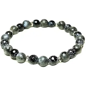 RRJEWELZ 8mm Natural Gemstone Crackle Black Agate & Gray Labradorite Round shape Smooth cut beads 7.5 inch stretchable bracelet for men. | STBR_RR_M_02925