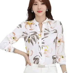 Virast Fashion Floral Print Blouse for Women, Long Sleeve Button Down Shirt, White (X-Large)